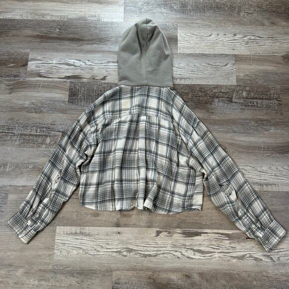 American Eagle Plaid Cropped Flannel Hoodie Jacket Gray Blue Grunge L - Picture 4 of 6